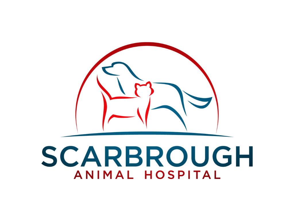 Scarbrough Animal Hospital Logo, A semi circle with a red cat and blue dog